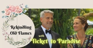 The image of Georgia and David from the movie ticket to paradise, along with the title, shows the topic of the blog is based on the movie